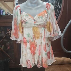 Ranna Gill White Floral Babydoll Top with Coral & Mint Accents
